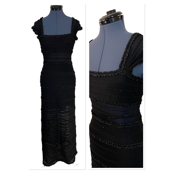 Tadashi Collection Dresses & Skirts - Tadashi Black Beaded Ruffle Tiered Sheer Mesh Bands Maxi Formal Dress Y2K Prom S